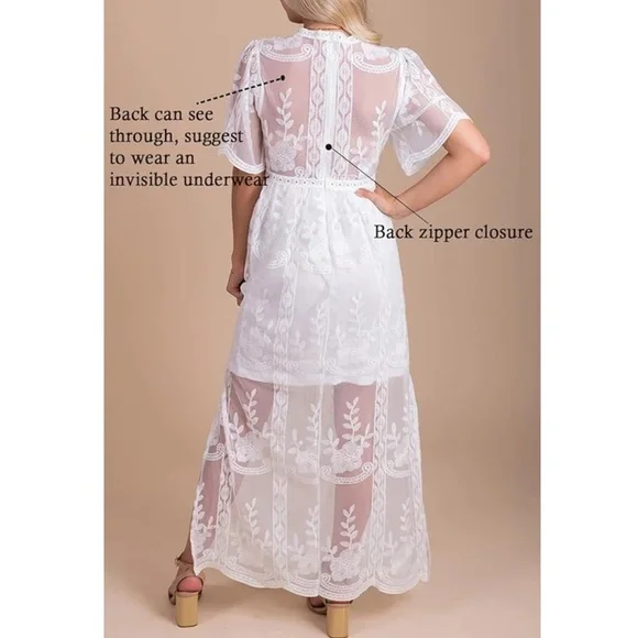 Womens V Neck Floral Embroidered Lace Maxi Dress - Picture 3 of 7